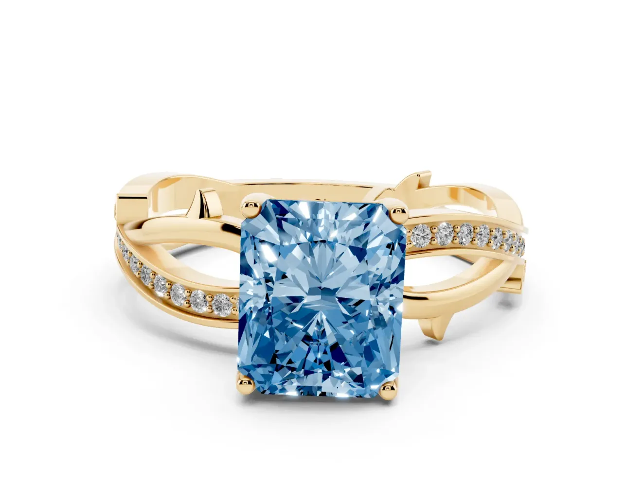 Fancy Blue Radiant Cut Diamond Pavé Twist Band Solitaire Ring Set in Yellow gold with Prong Setting