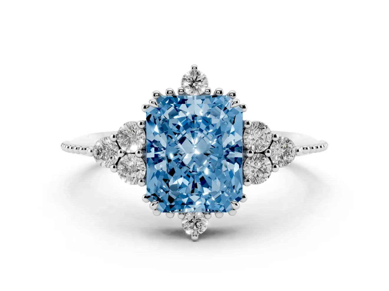 Fancy Blue Radiant Cut Diamond Cluster Ring Set in Silver with Beaded Band