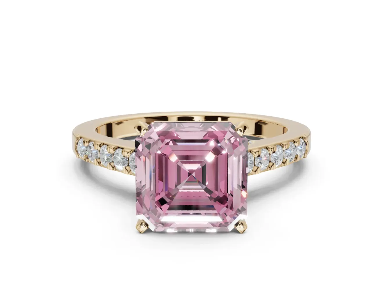 Asscher Cut Pavé Solitaire Engagement Ring Setting for a Fancy Pink Lab-Grown Diamond | Crossover Gallery | Yellow Gold