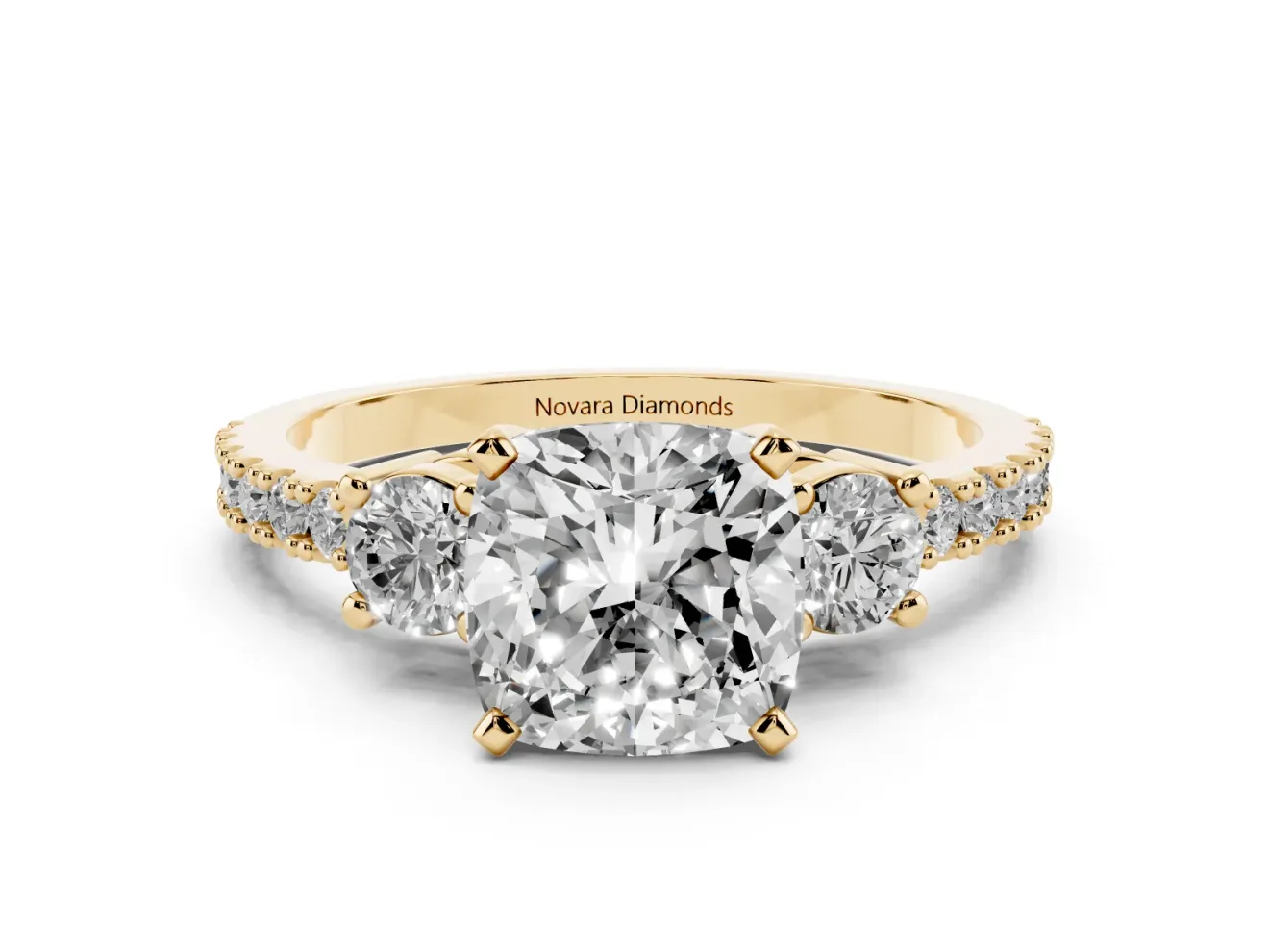 Three-Stone Cushion Cut Diamond Pavé Band Ring Set in Yellow gold with Prong Setting