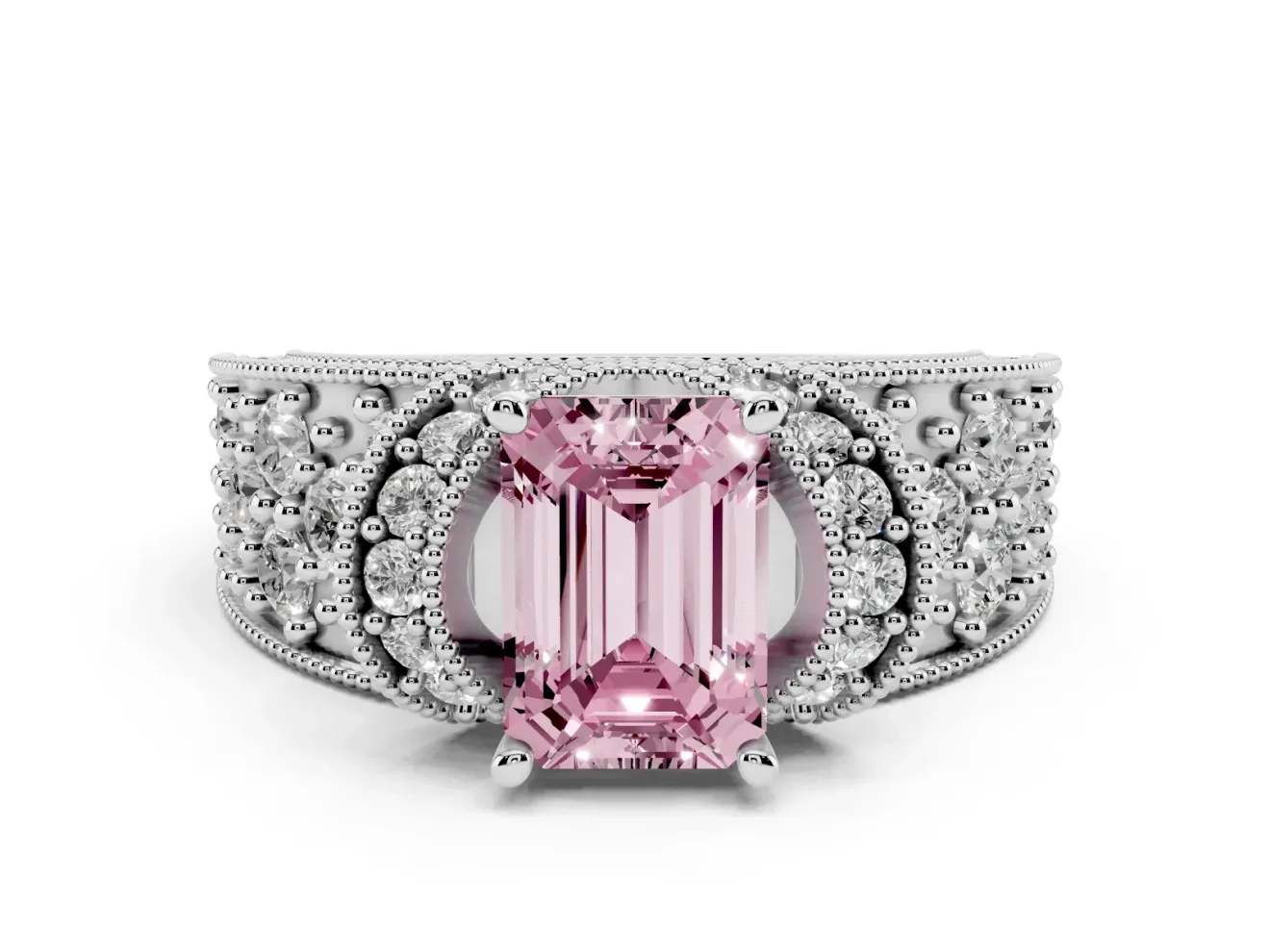 Emerald Cut Vintage Pave Engagement Ring Setting for a Fancy Pink Lab-Grown Diamond | Milgrain Edges | White Gold