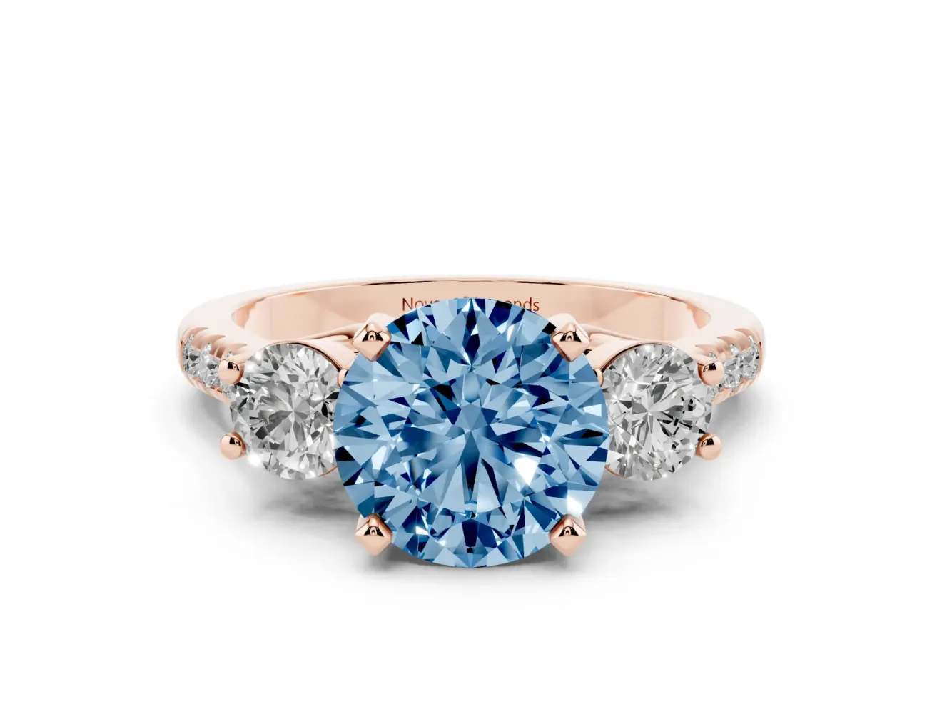 Fancy Blue Three-Stone Round Cut Diamond Pavé Band Ring Set in Rose gold with Prong-Set Trio