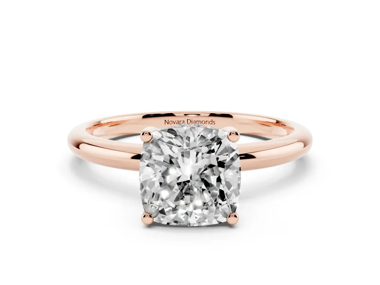 Cushion Cut Diamond Solitaire Engagement Ring Set in Rose gold with Prong Setting and Polished Band