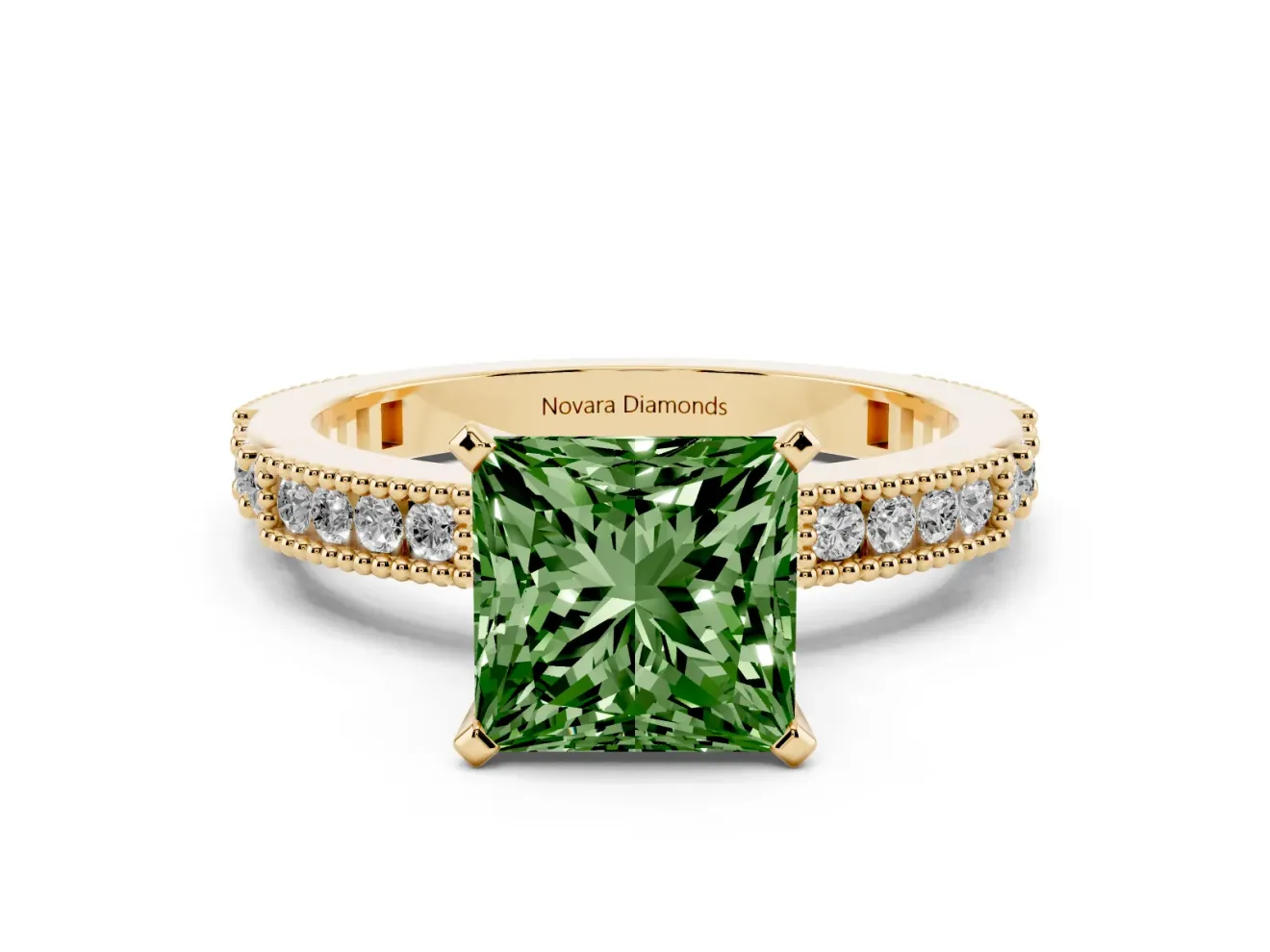 Princess Cut Vintage Pavé Engagement Ring Setting for a Fancy Green Lab-Grown Diamond | Yellow Gold