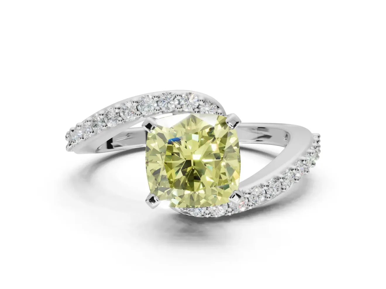 Cushion Cut Bypass Pavé Engagement Ring Setting for a Fancy Yellow Lab-Grown Diamond | White Gold