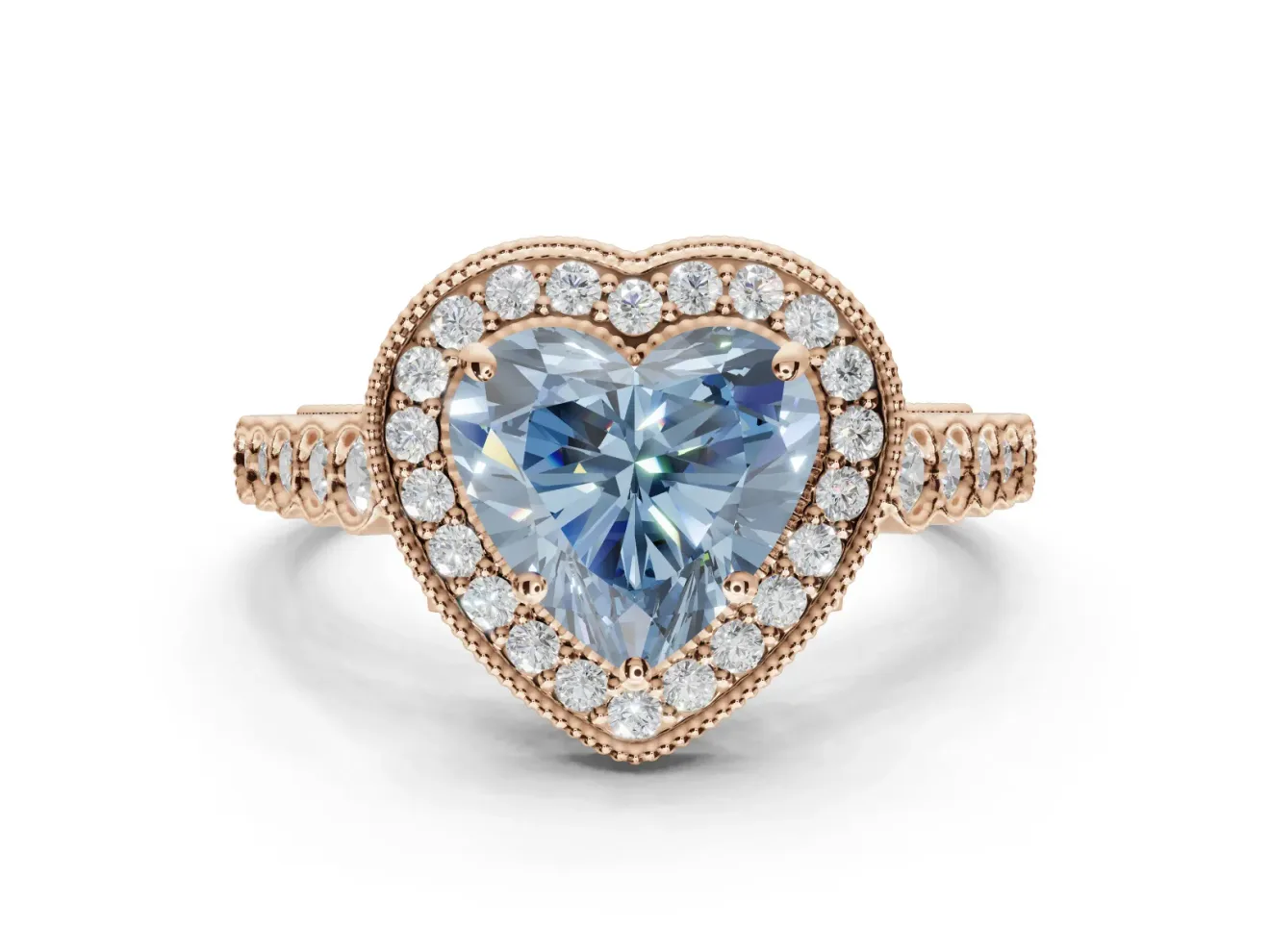 Fancy Blue Heart-Shaped Lab-Grown Diamond Milgrain Halo Solitaire Ring Set in Rose Gold with Bezel Set Side Stones and Pavé Band