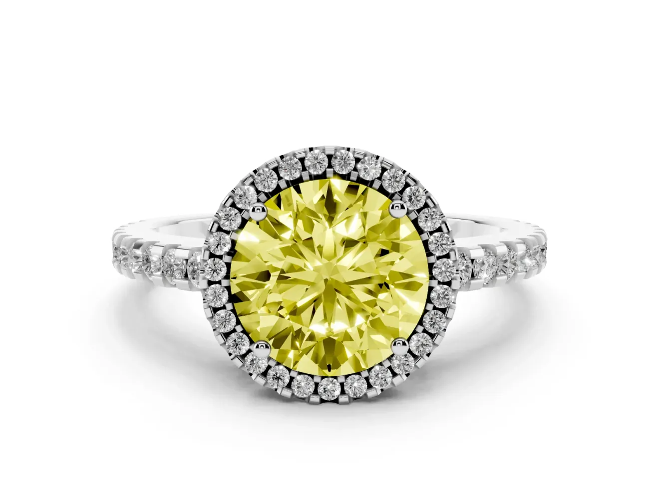 Round Halo Engagement Ring Setting for a Fancy Yellow Lab-Grown Diamond | Half Pave Band | Platinum