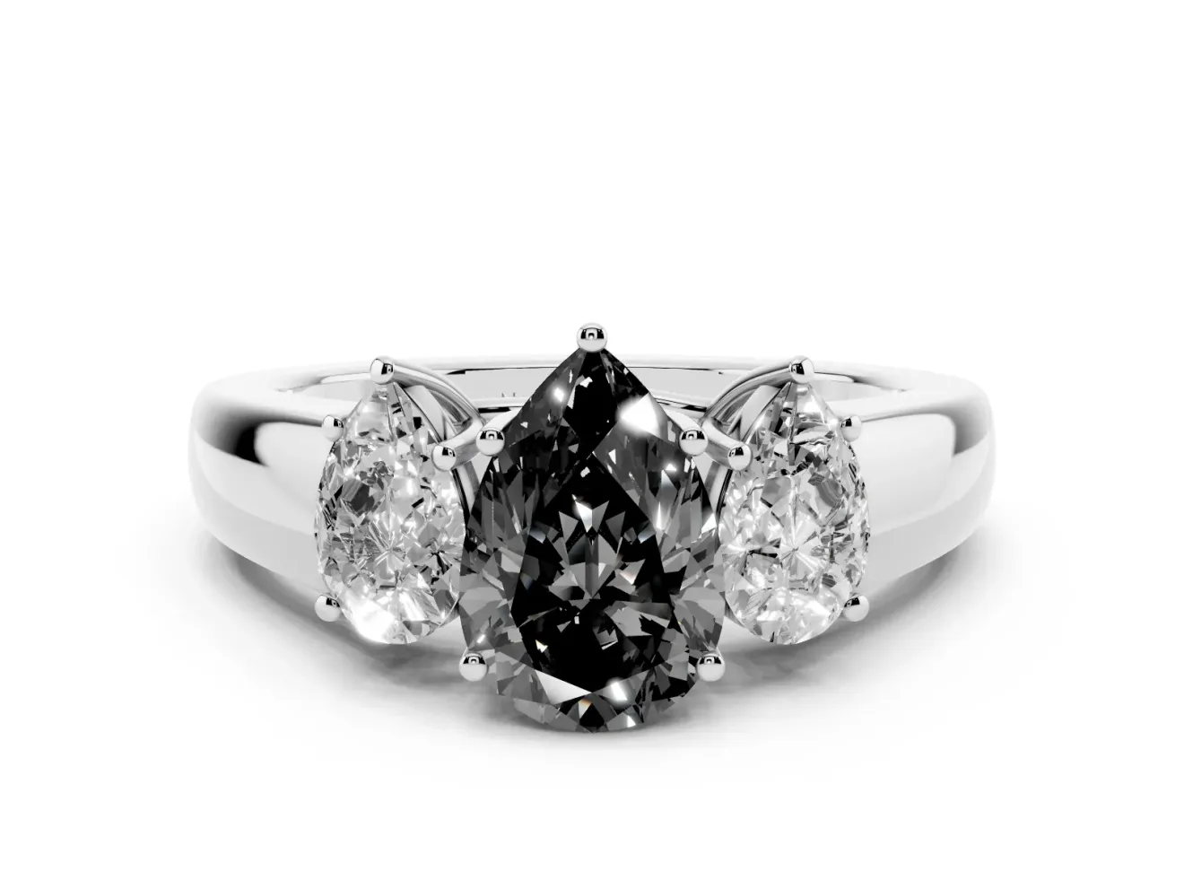Fancy Black Three-Stone Pear Cut Diamond Ring Set in Platinum with Matching Prong Settings and Plain Band
