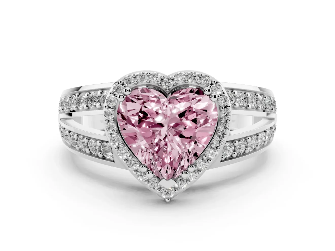 Heart-Shaped Halo Engagement Ring Setting for a Fancy Pink Lab-Grown Diamond | Two-Row Pave Split Shank | White Gold
