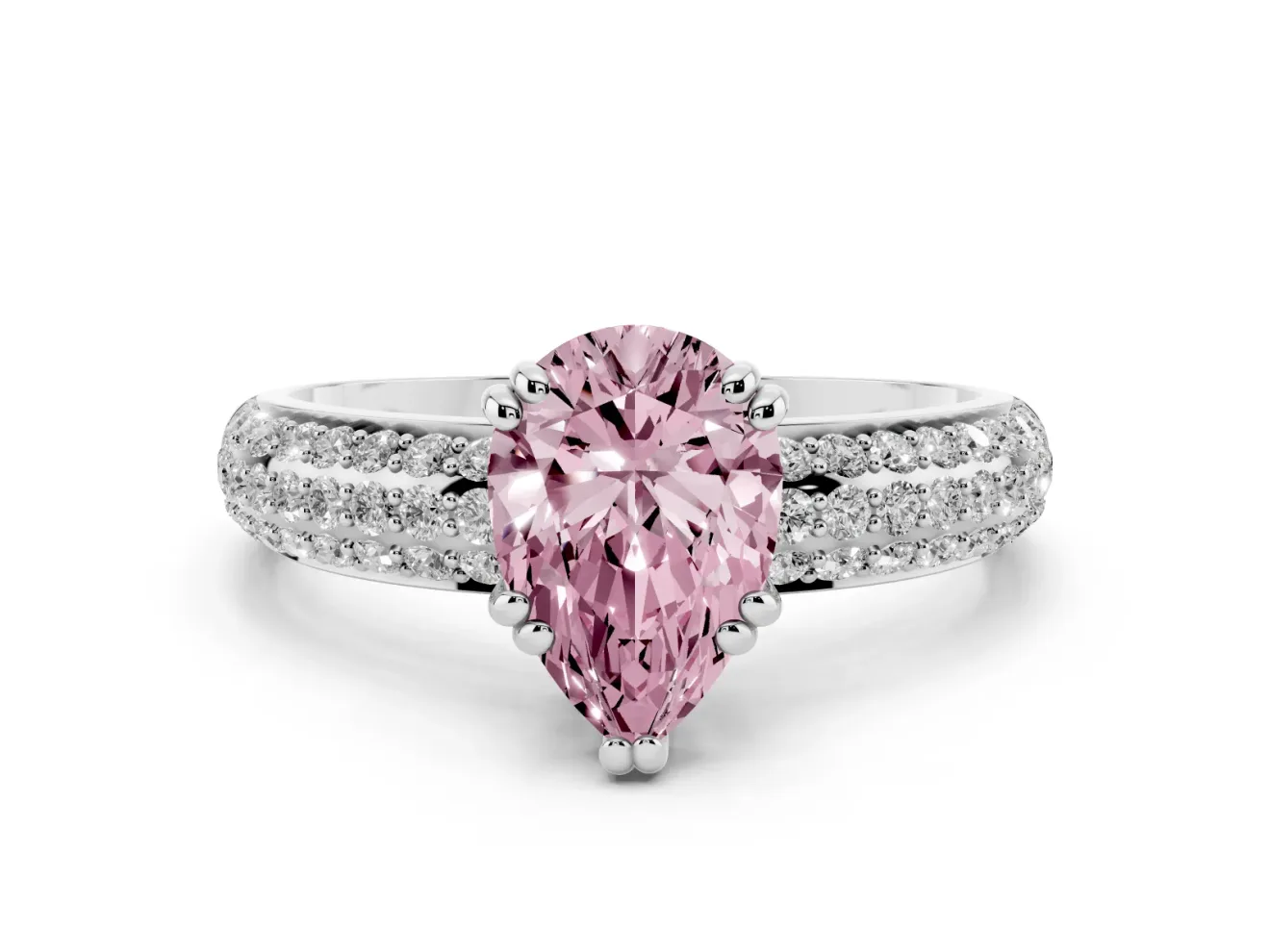 Pear-Shaped Three Row Pave Engagement Ring Setting for a Fancy Pink Lab-Grown Diamond | Double Claws | Sterling Silver