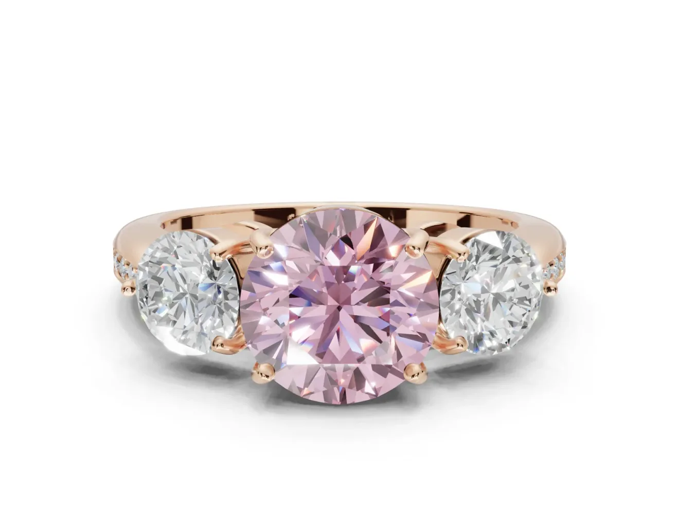 Round Three Stone Engagement Ring Setting for a Fancy Pink Lab-Grown Diamond | Tapered Pave Band | Rose Gold
