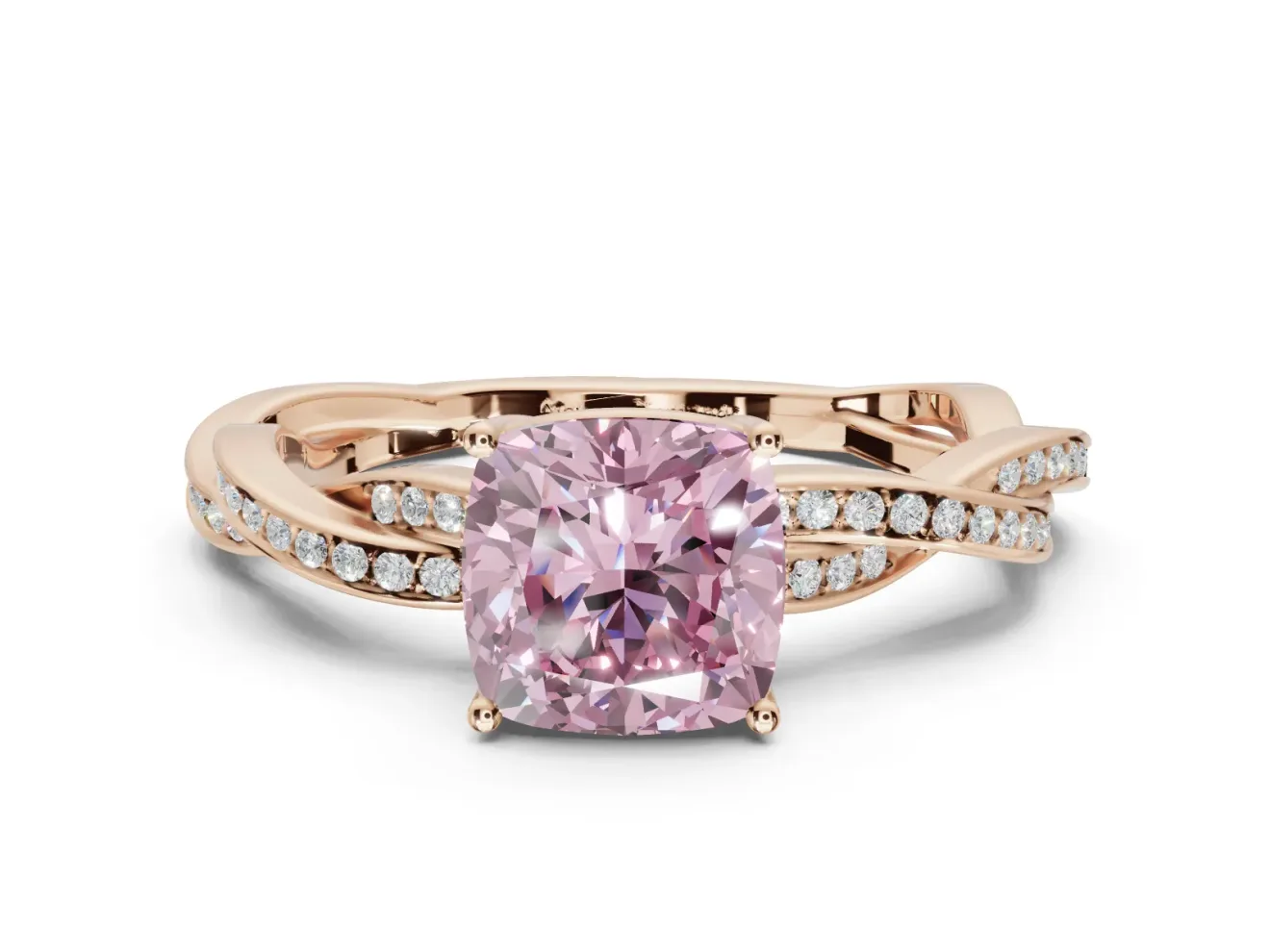 Cushion Cut Twisted Pavé Solitaire Engagement Ring Setting for a Fancy Pink Lab-Grown Diamond | Open Basket | Rose Gold