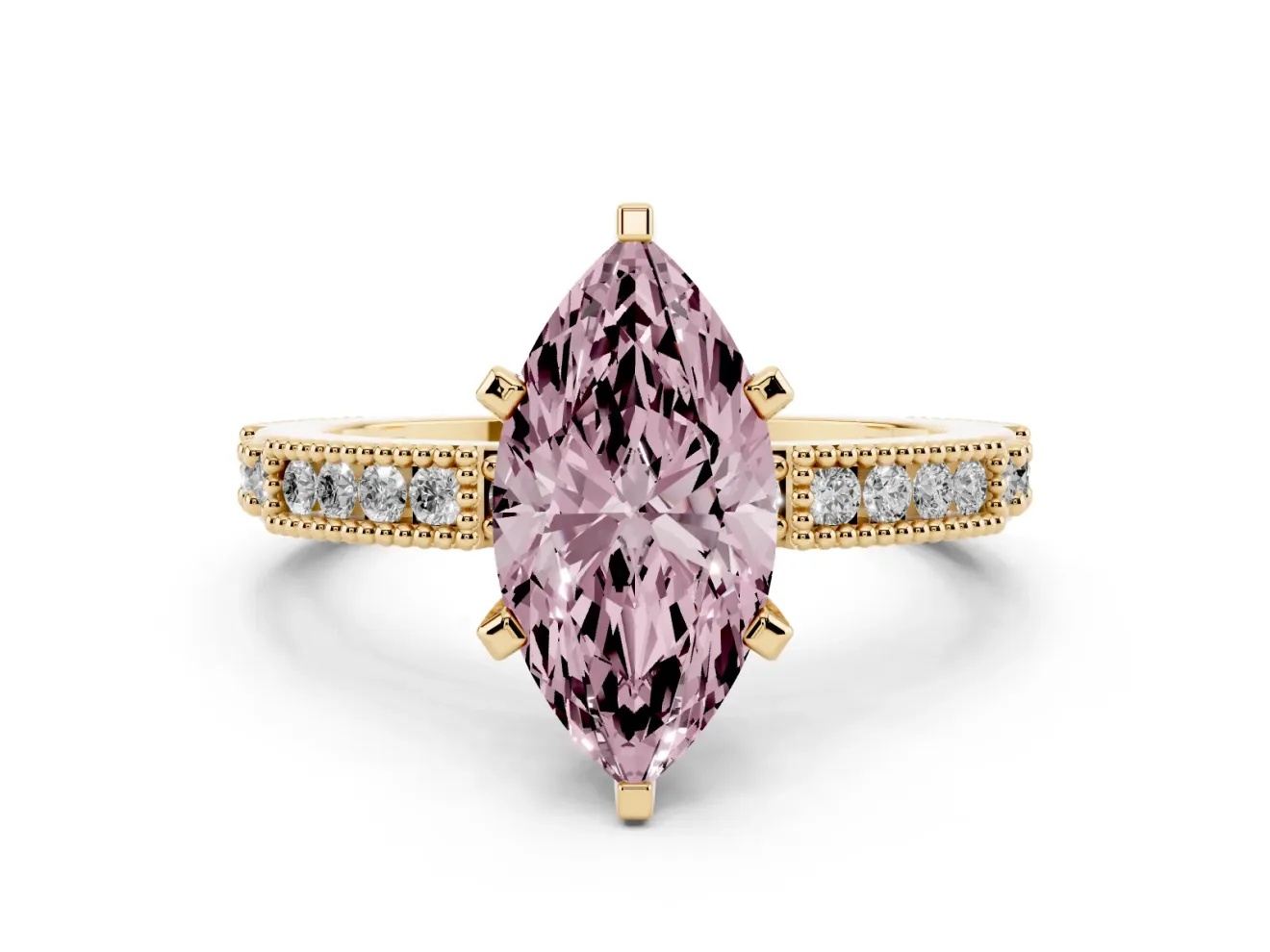 Fancy Pink Marquise Cut Diamond Solitaire Ring Set in Yellow gold with Slim Pavé Band and Prong Setting