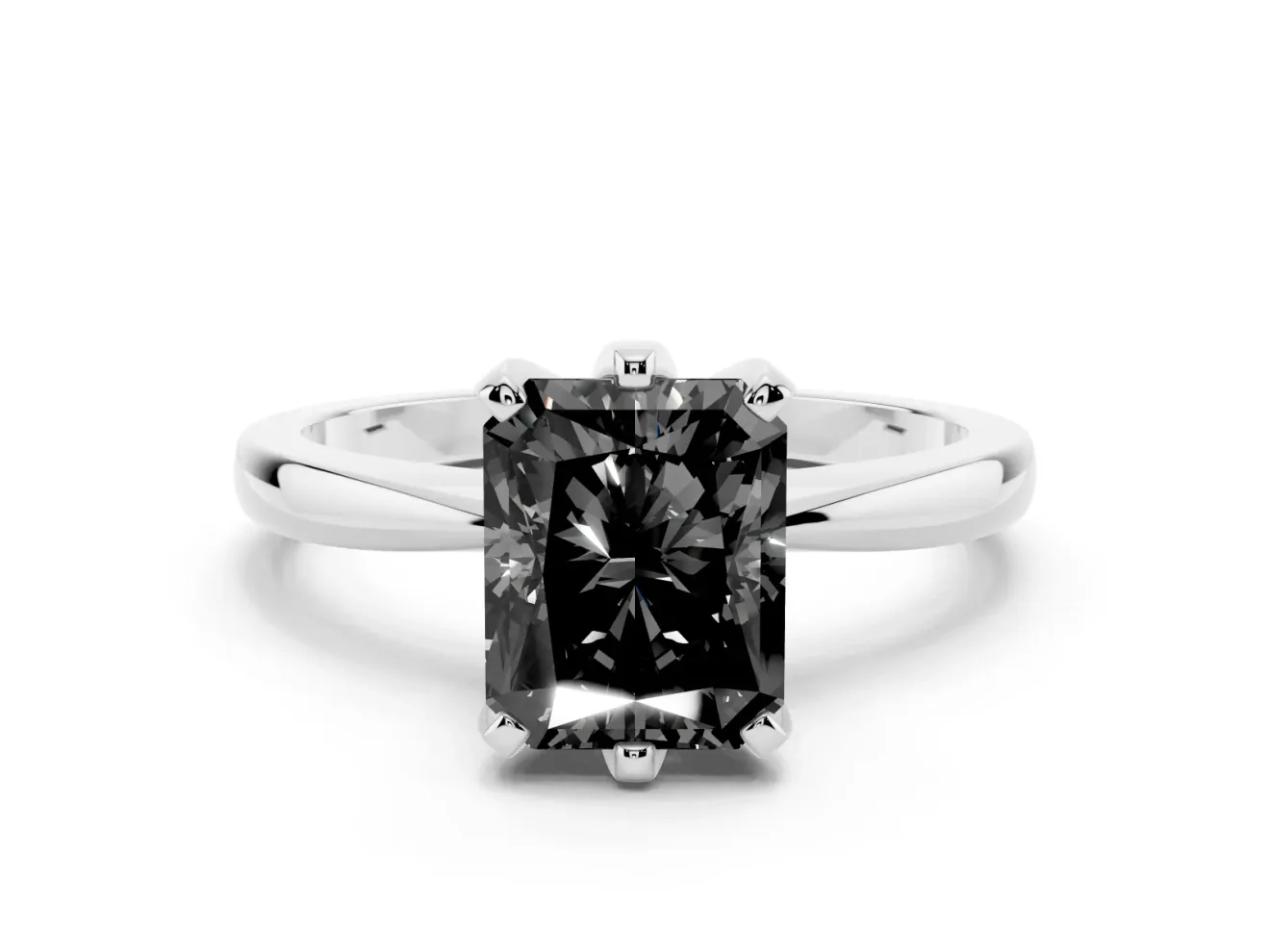 Fancy Black Radiant Cut Diamond Solitaire Engagement Ring Set in White gold with Slim Tapered Solitaire Band