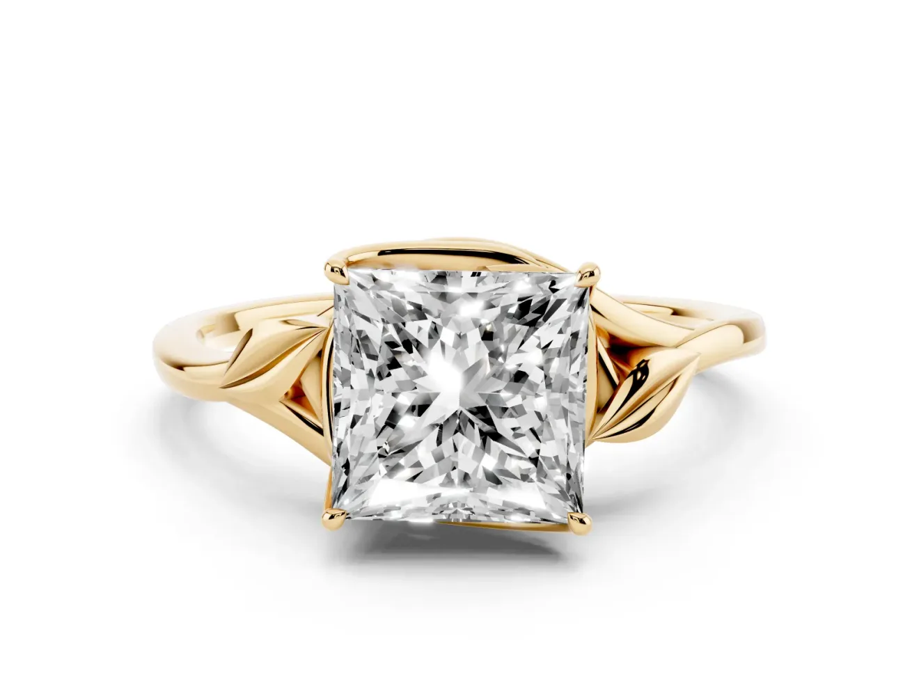 Princess Cut Leaf Bypass Solitaire Engagement Ring Setting | Polished Band | Yellow Gold