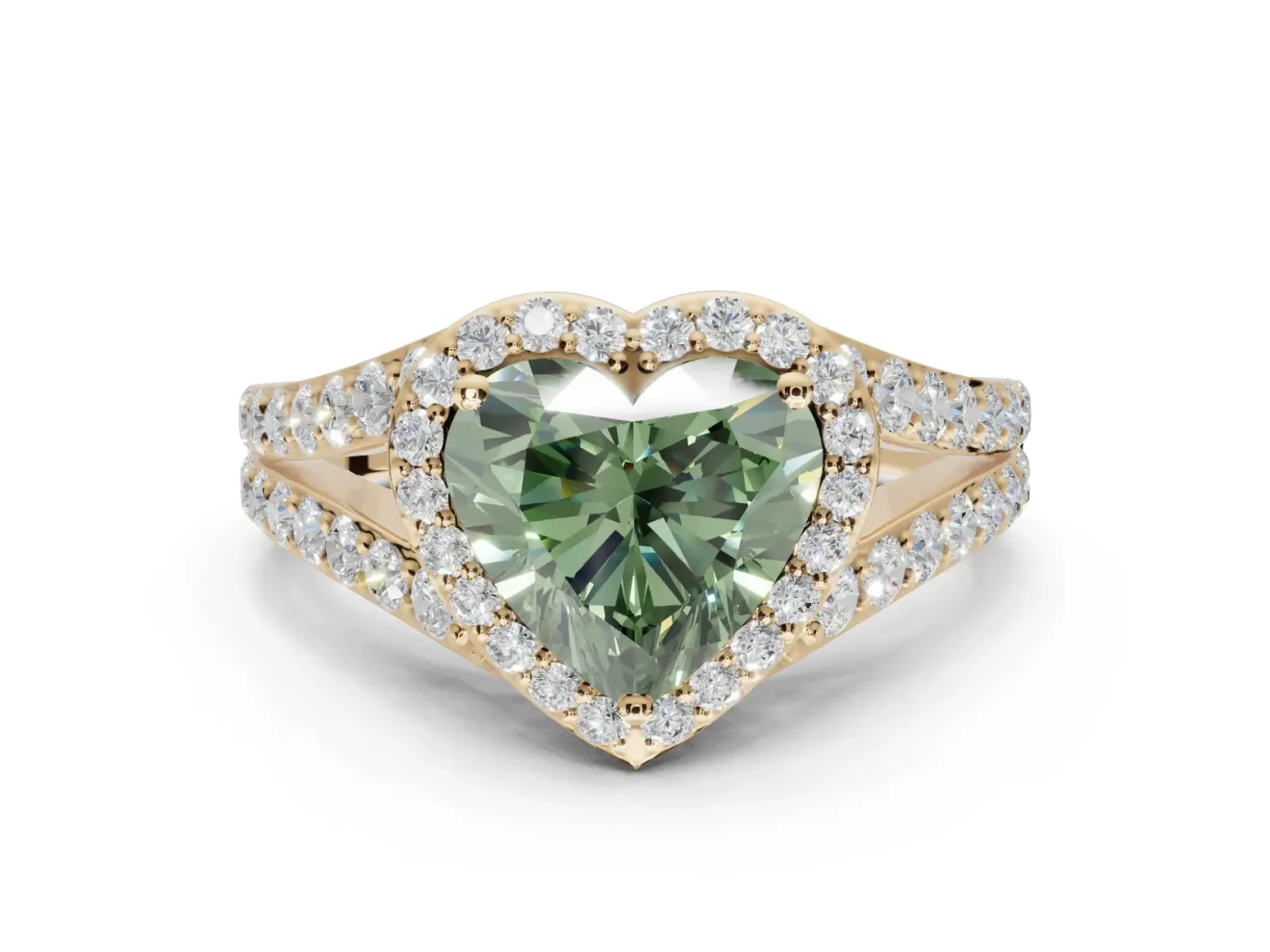 Heart-Shaped Halo Pavé Engagement Ring Setting for a Fancy Green Lab-Grown Diamond | Narrow Split Shank | Yellow Gold