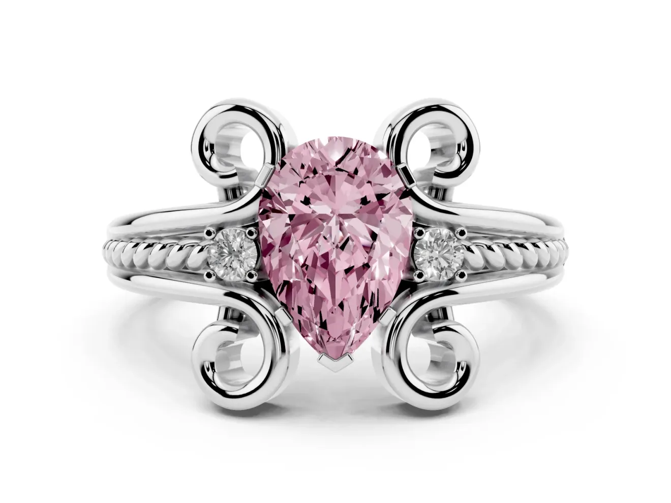 Fancy Pink Pear Cut Diamond Twisted Band Solitaire Ring Set in Silver with Scroll Prongs