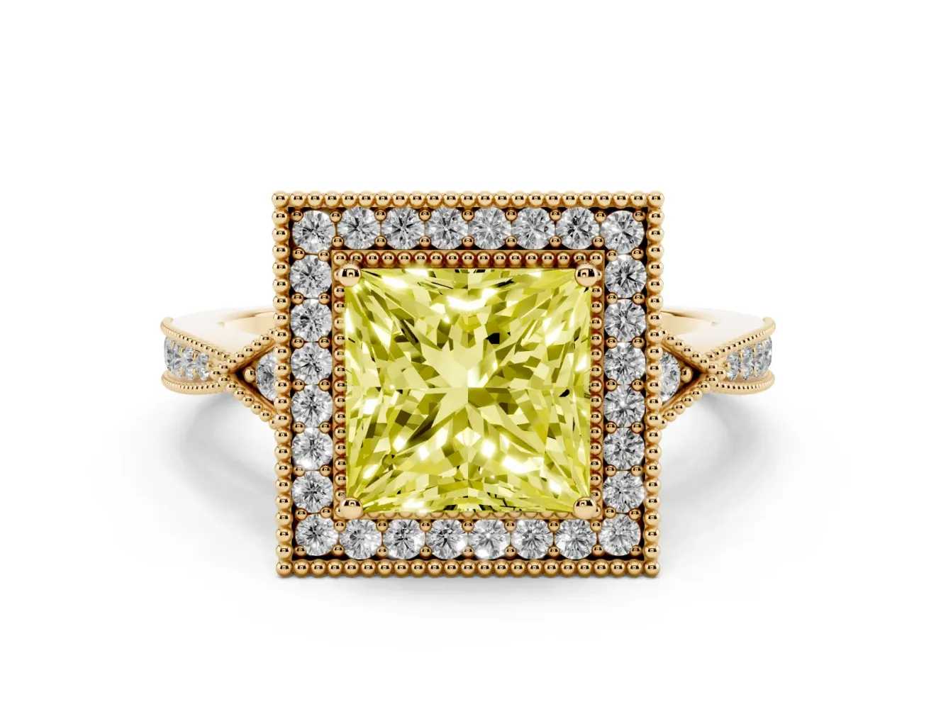 Fancy Yellow Princess Cut Diamond Halo Engagement Ring Set in Yellow gold with Milgrain Pavé Band
