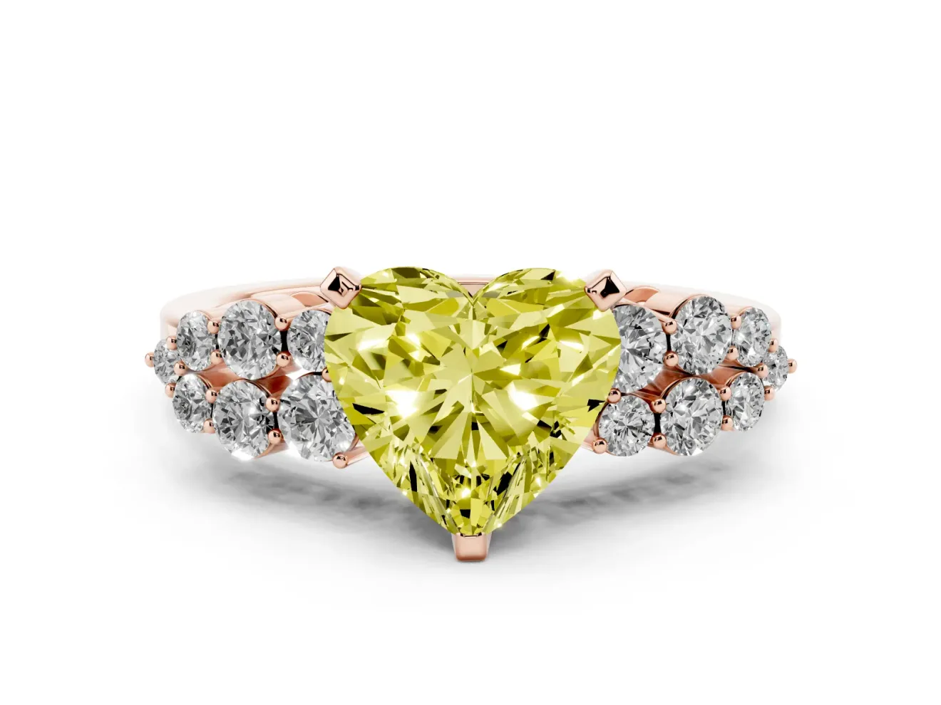 Fancy Yellow Heart Cut Diamond Cluster Engagement Ring Set in Rose gold with Pavé Band and Prong Setting