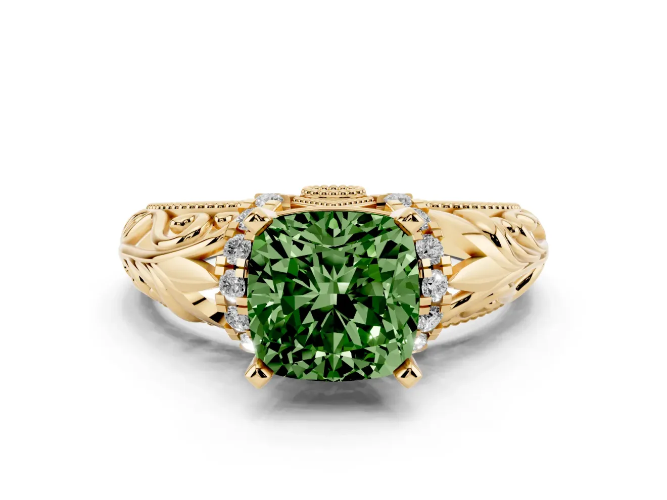 Fancy Green Cushion Cut Diamond Filigree Halo Engagement Ring Set in Yellow gold with Prong Setting
