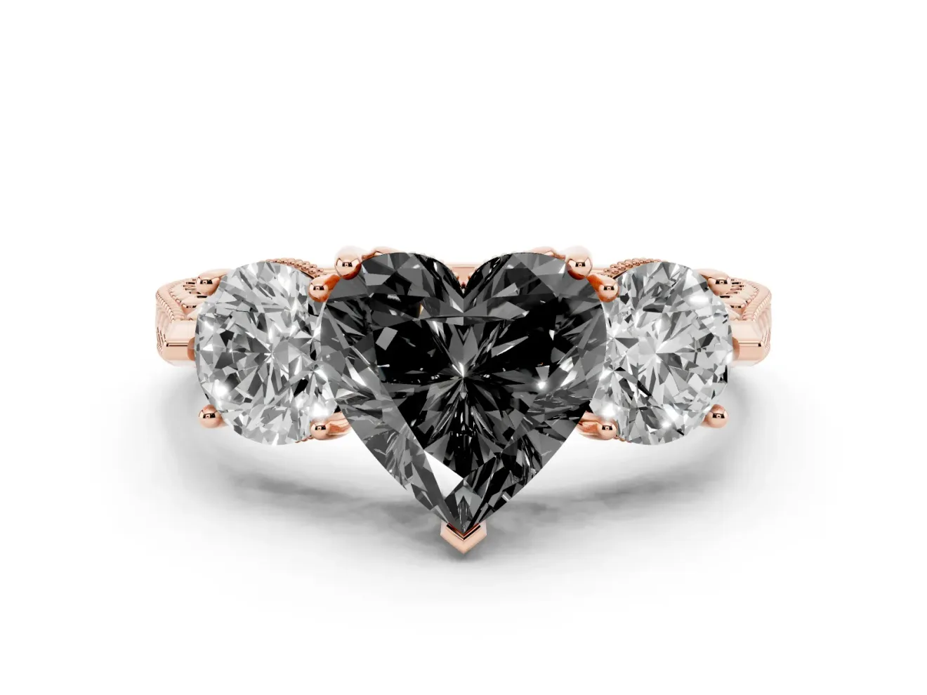 Heart-Shaped Vintage Three Stone Engagement Ring Setting for a Black Center | Milgrain Band | Rose Gold