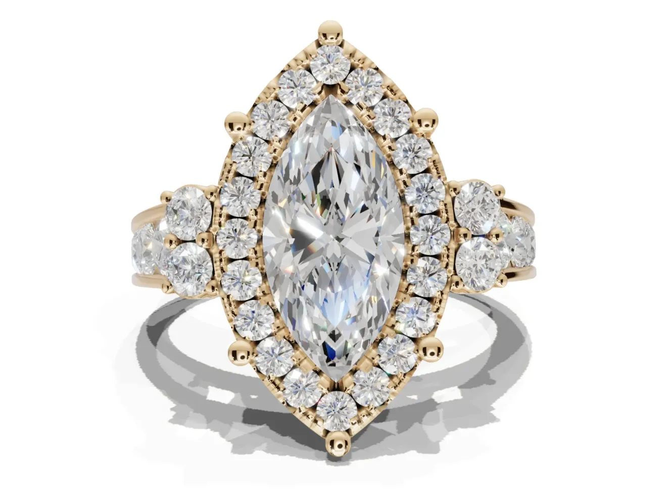 Marquise Halo Side Cluster Engagement Ring Setting | Graduated Channel Band | Yellow Gold