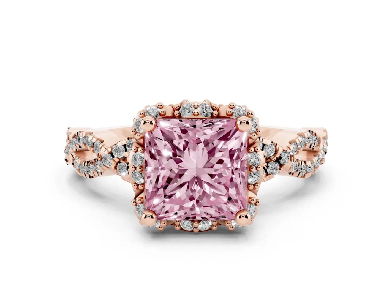 Princess Cut Milgrain Halo Engagement Ring Setting for a Fancy Pink Lab-Grown Diamond | Graduated Shoulders | Rose Gold