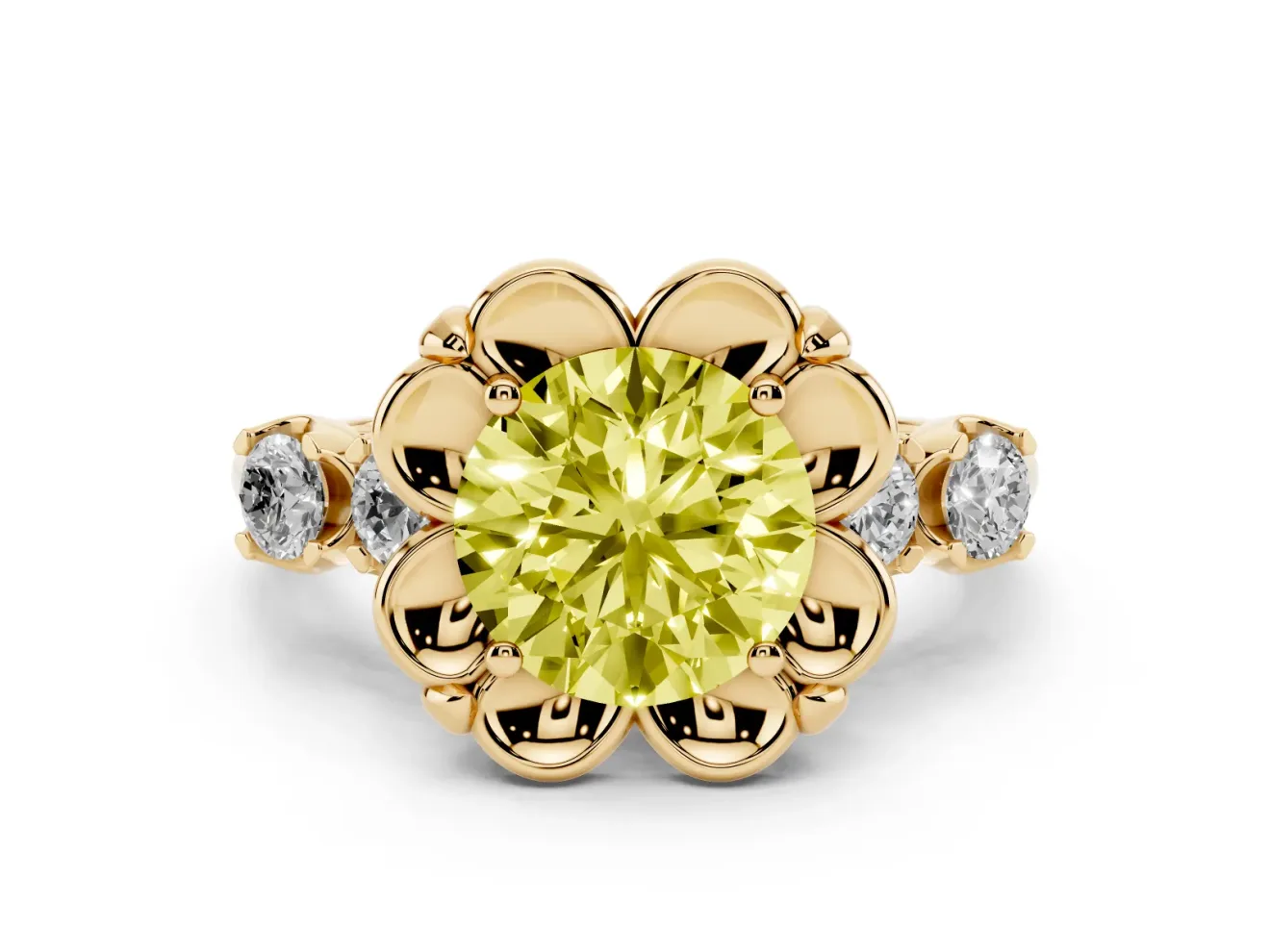 Round Floral Engagement Ring Setting for a Fancy Yellow Lab-Grown Diamond | Petal Frame and Side Stones | Yellow Gold