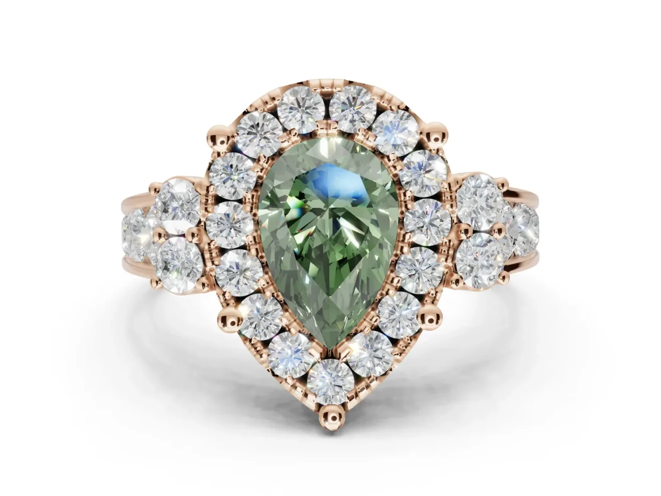 Pear-Shaped Halo Engagement Ring Setting for a Fancy Green Lab-Grown Diamond | Graduated Channel Band | Rose Gold