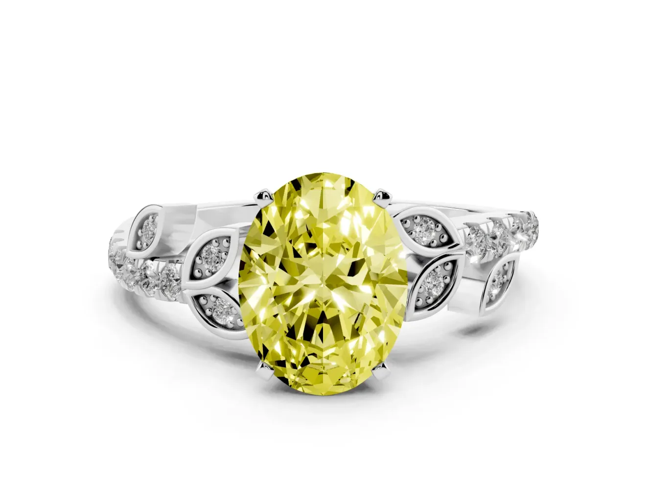 Fancy Yellow Oval Cut Diamond Solitaire Leaf-Inspired Ring Set in Platinum with Pavé Band and Prong Setting