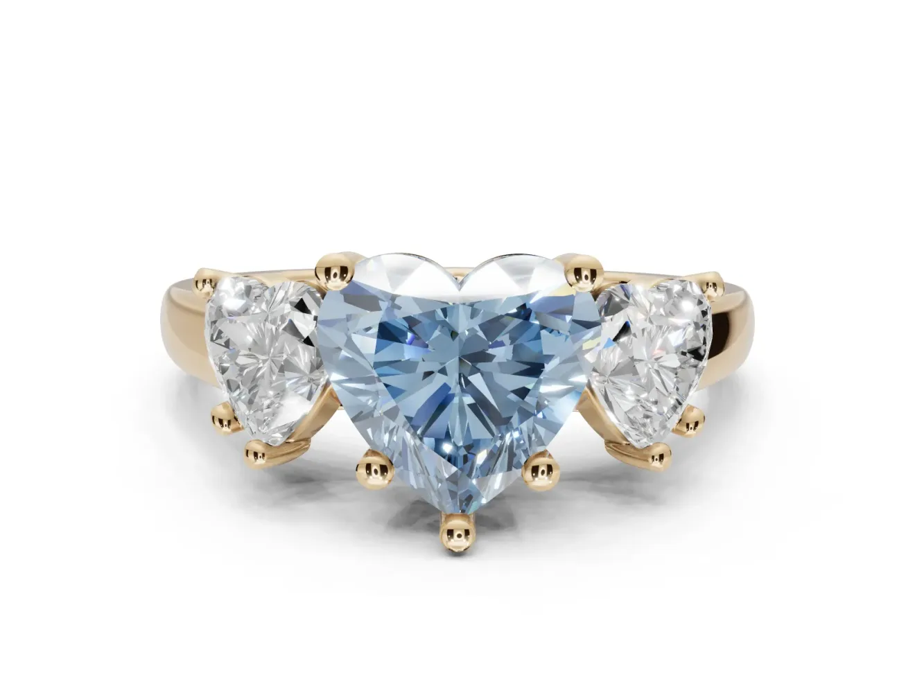 Heart-Shaped Three Stone Engagement Ring Setting for a Fancy Blue Lab-Grown Diamond | Tapered Band | Yellow Gold
