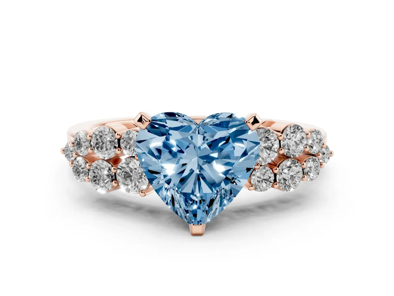 Heart-Shaped Side Stone Engagement Ring Setting for a Fancy Blue Lab-Grown Diamond | Shoulder Clusters | Rose Gold