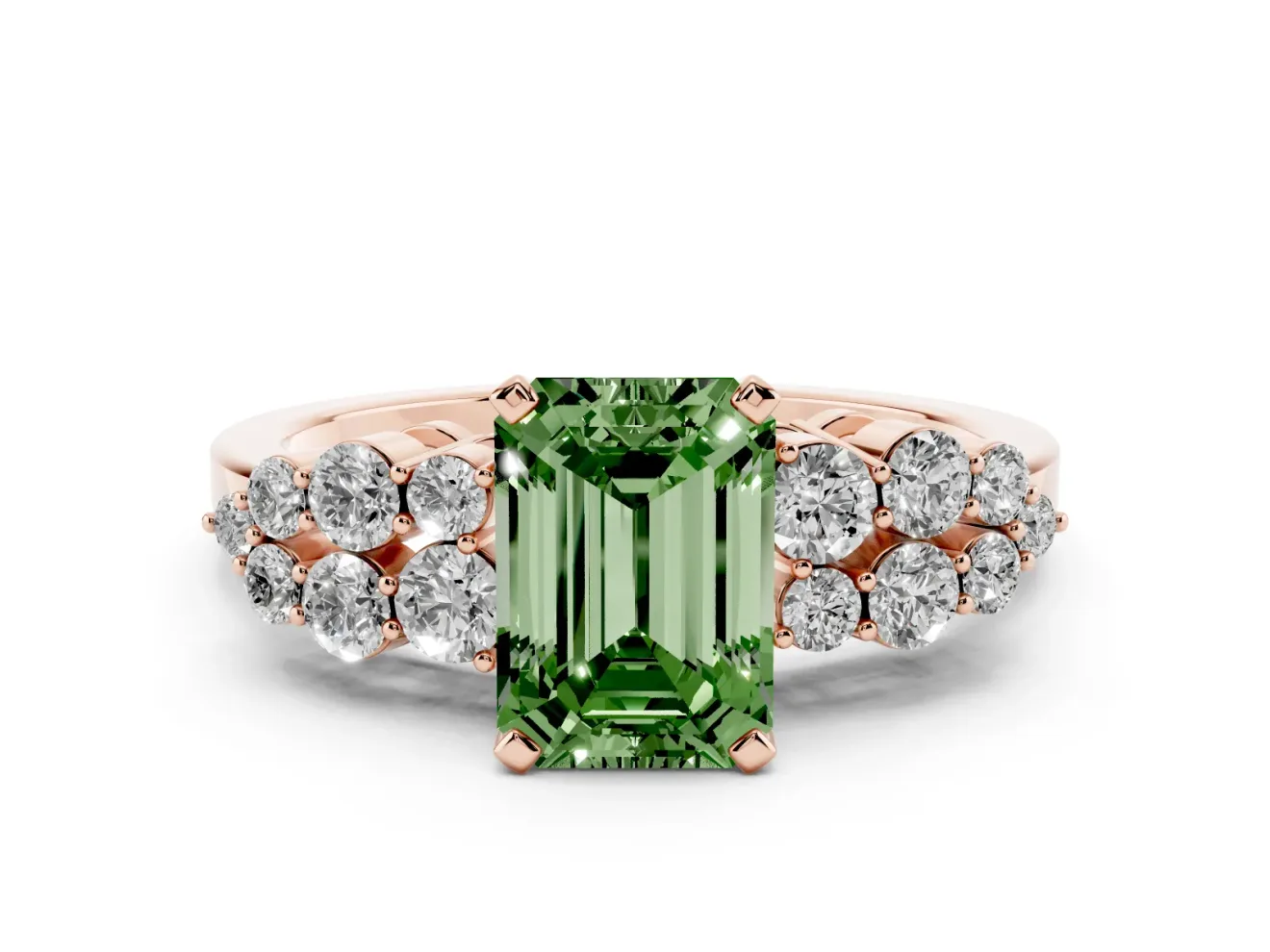 Emerald Cut Side Stone Engagement Ring Setting for a Fancy Green Lab-Grown Diamond | Shoulder Clusters | Rose Gold