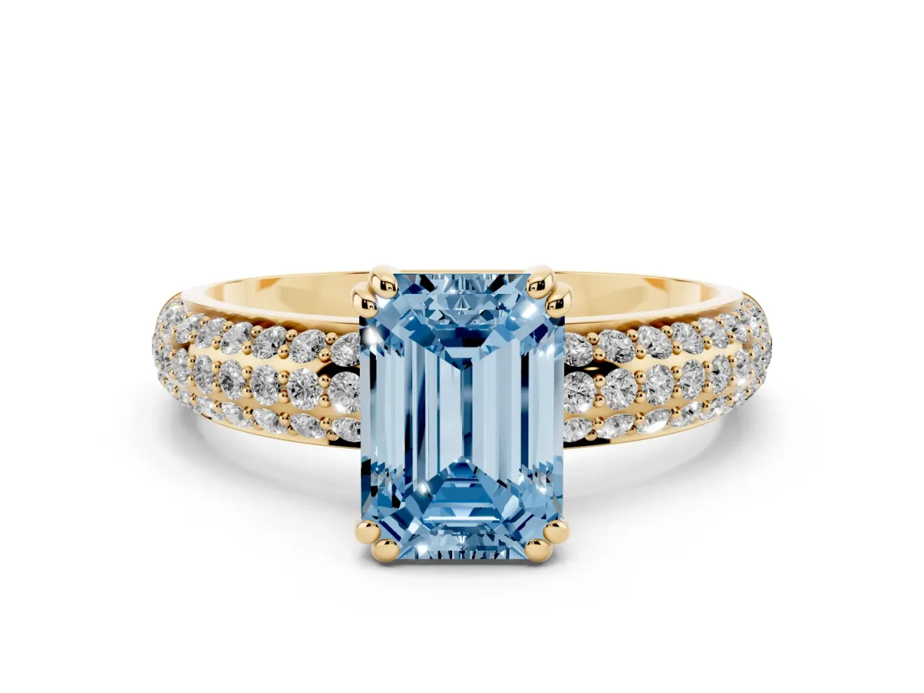 Emerald Cut Three Row Pave Engagement Ring Setting for a Fancy Blue Lab-Grown Diamond | Yellow Gold
