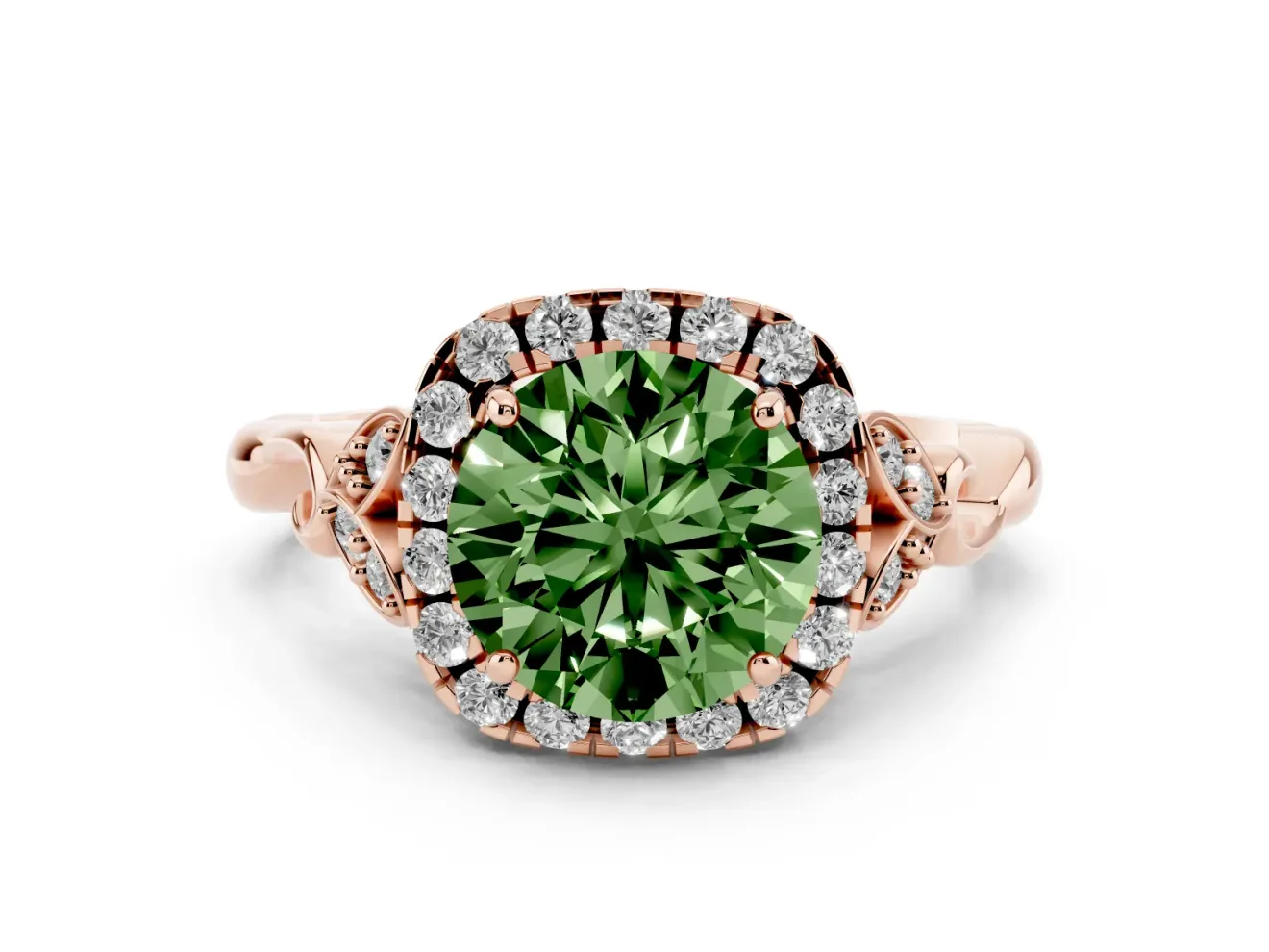 Round Halo Engagement Ring Setting for a Fancy Green Lab-Grown Diamond | Leaf Shoulders | Rose Gold