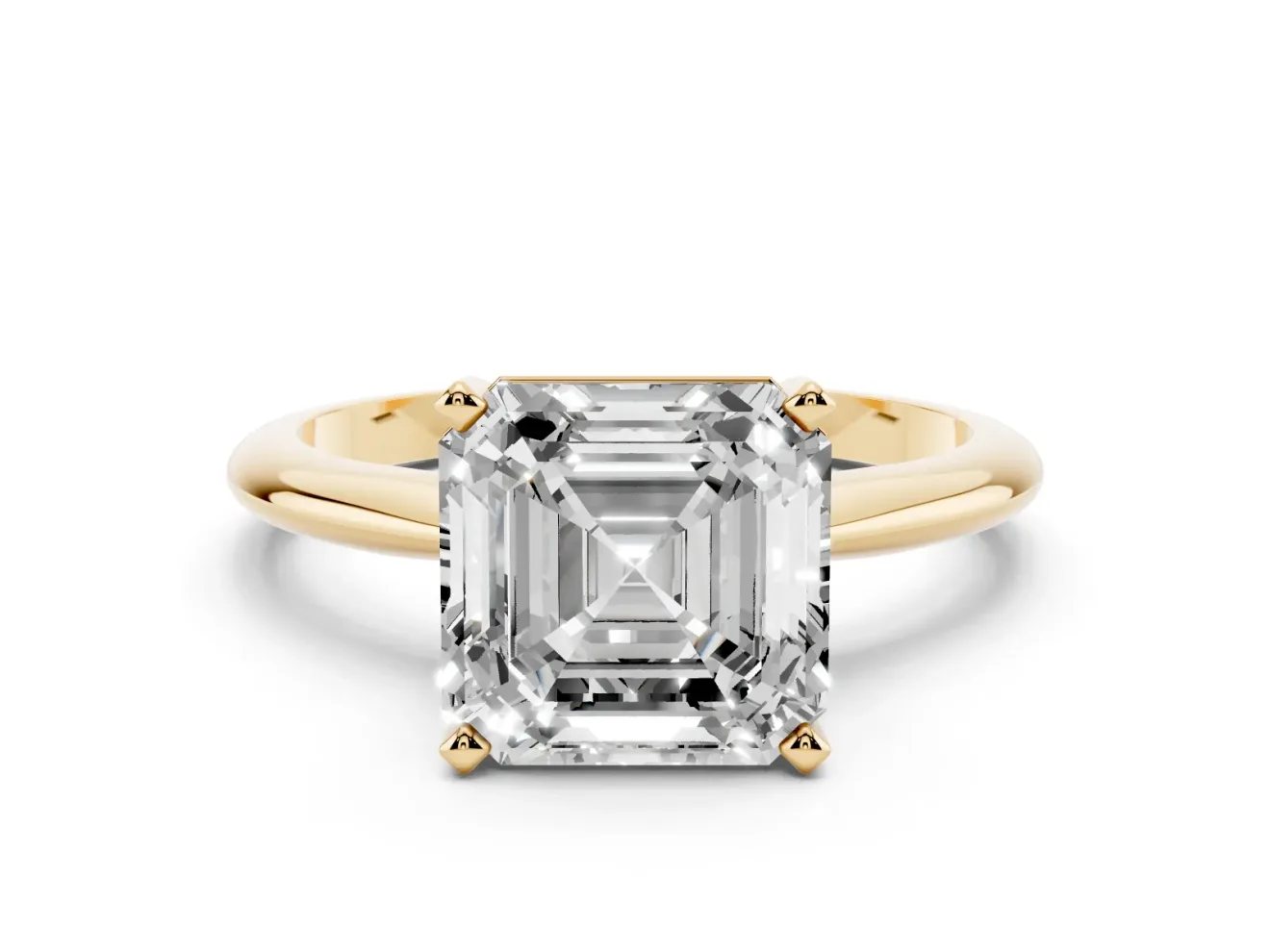 Asscher Cut Diamond Solitaire Ring Set in Yellow gold with Prong Setting on a Plain Round Band