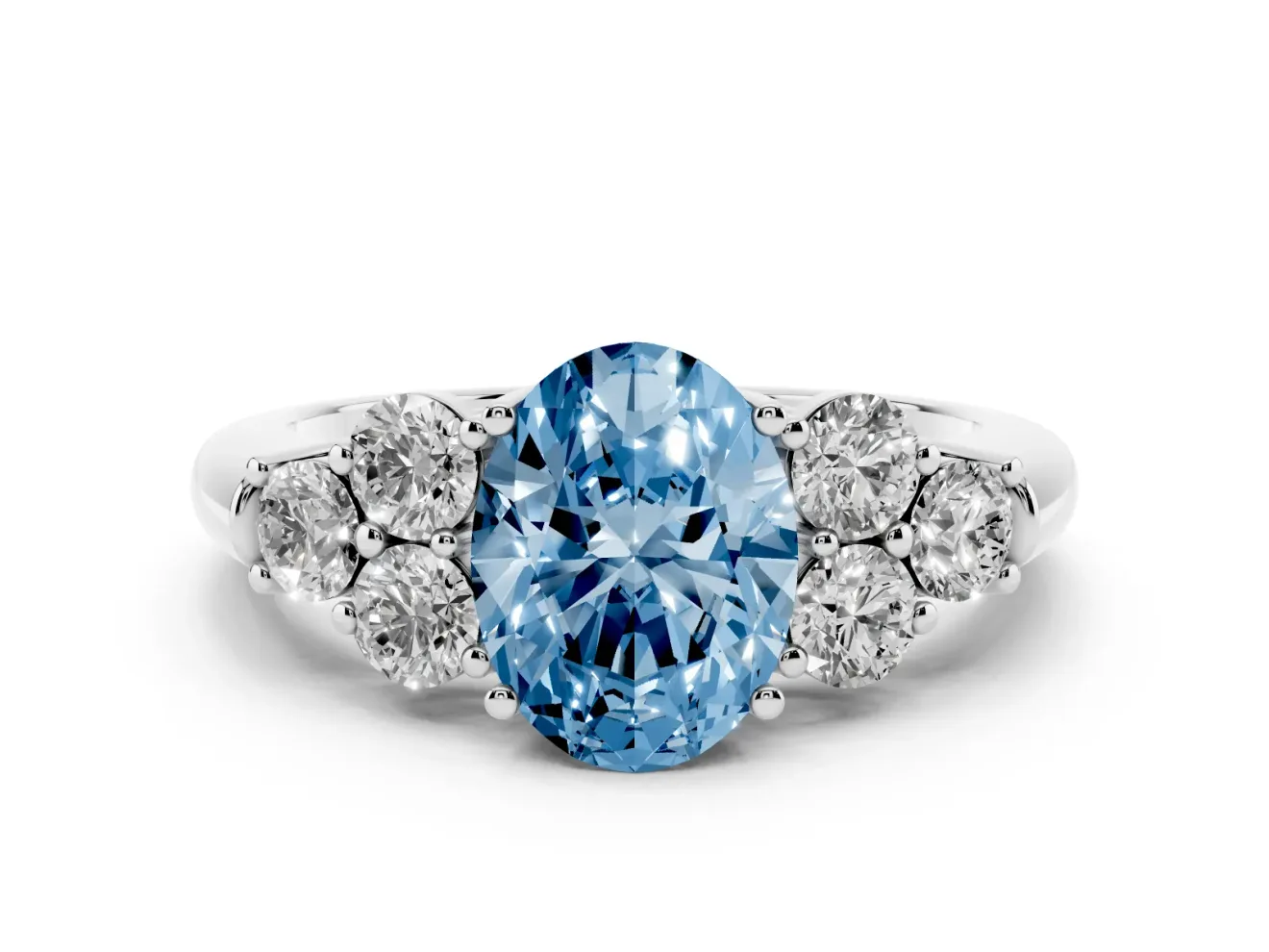 Fancy Blue Oval Cut Diamond Cluster Ring Set in Silver with Round Accent Stones and Prong Setting on a Plain Band