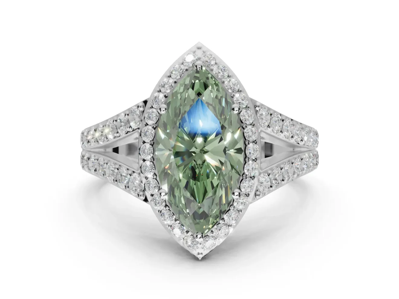 Marquise Halo Pavé Engagement Ring Setting for a Fancy Green Lab-Grown Diamond | Narrow Split Shank | White Gold