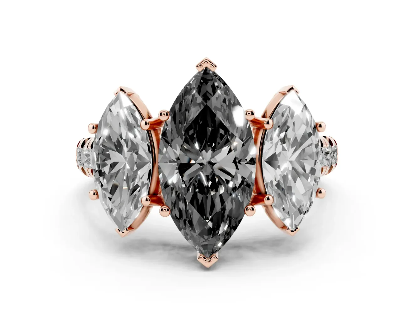 Marquise Three Stone Engagement Ring Setting for a Black Center | Accented Shoulders | Rose Gold
