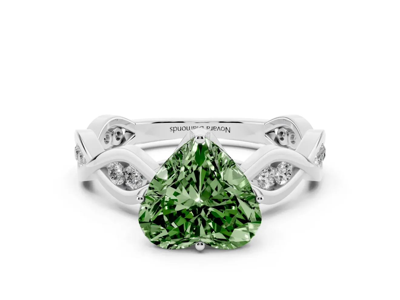 Fancy Green Heart Cut Diamond Twist Band Solitaire Ring Set in Silver with Leaf Prong Setting and Accent Stones