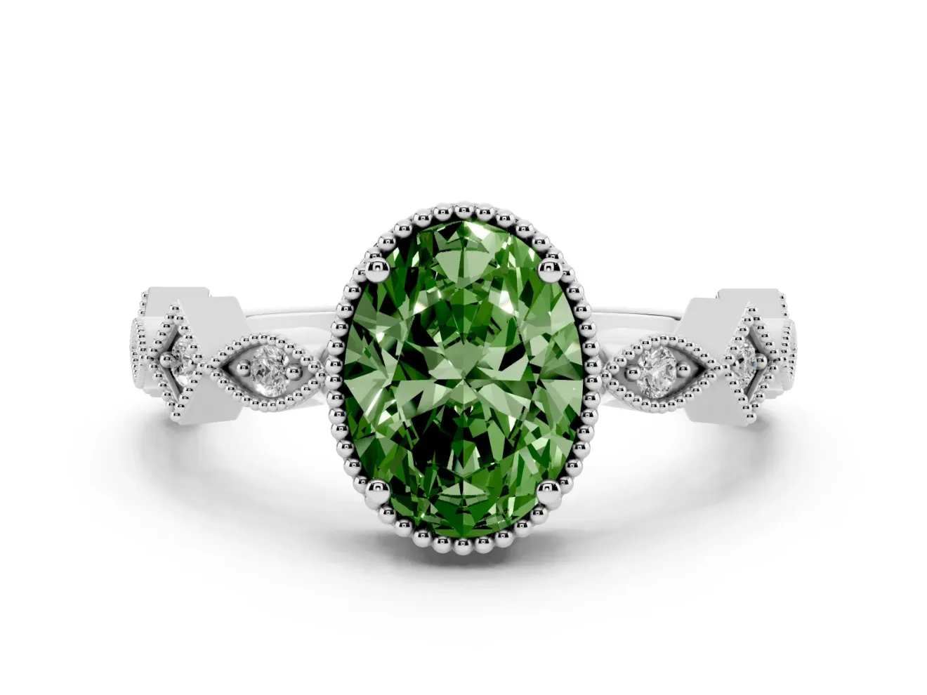 Fancy Green Oval Cut Diamond Milgrain Marquise Twist Band Ring Set in Silver with Prong Setting