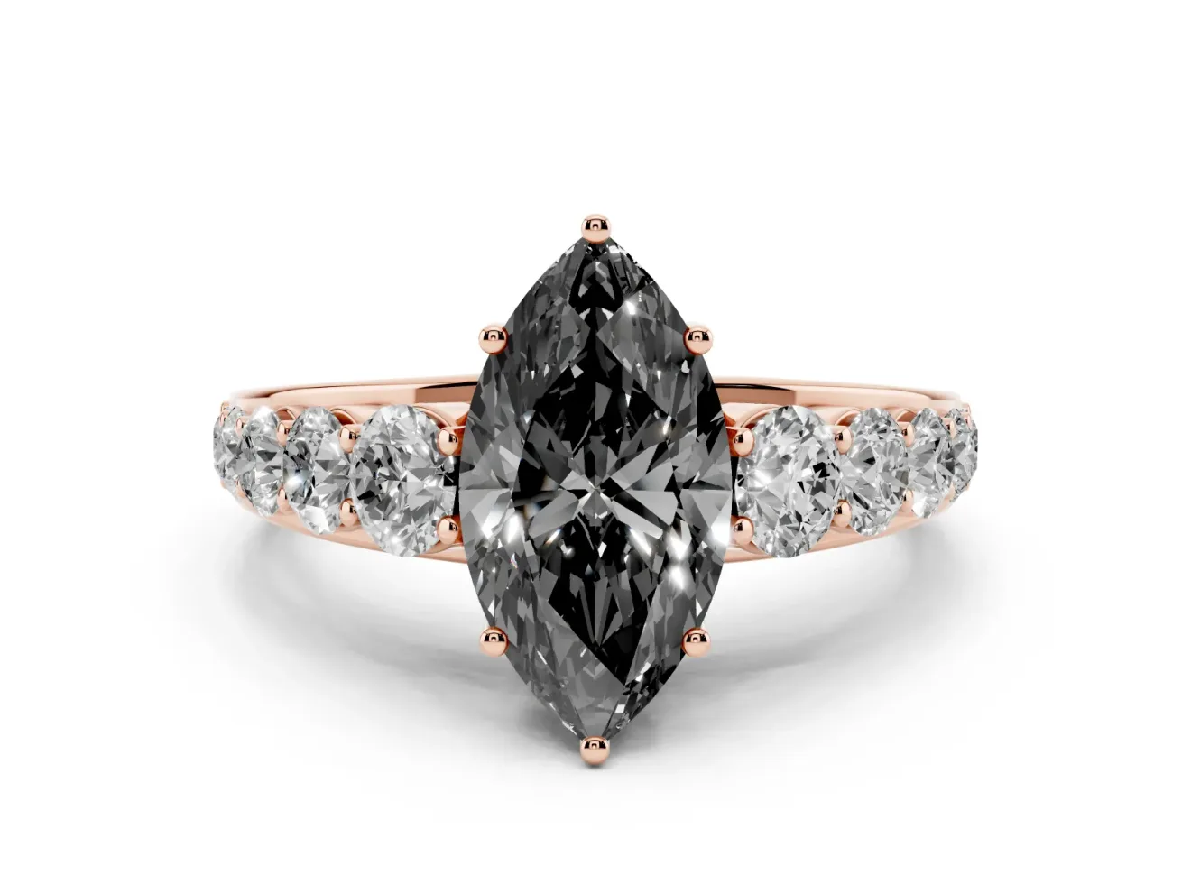 Marquise Graduated Side Stone Engagement Ring Setting for a Black Center | Flat Top Band | Rose Gold