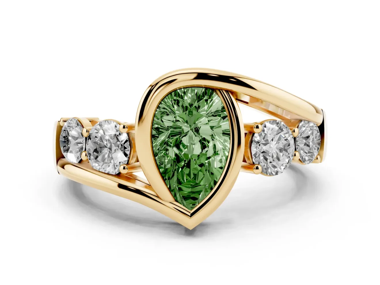 Fancy Green Pear Cut Diamond Bezel Bypass Ring Set in Yellow gold with Round Accents