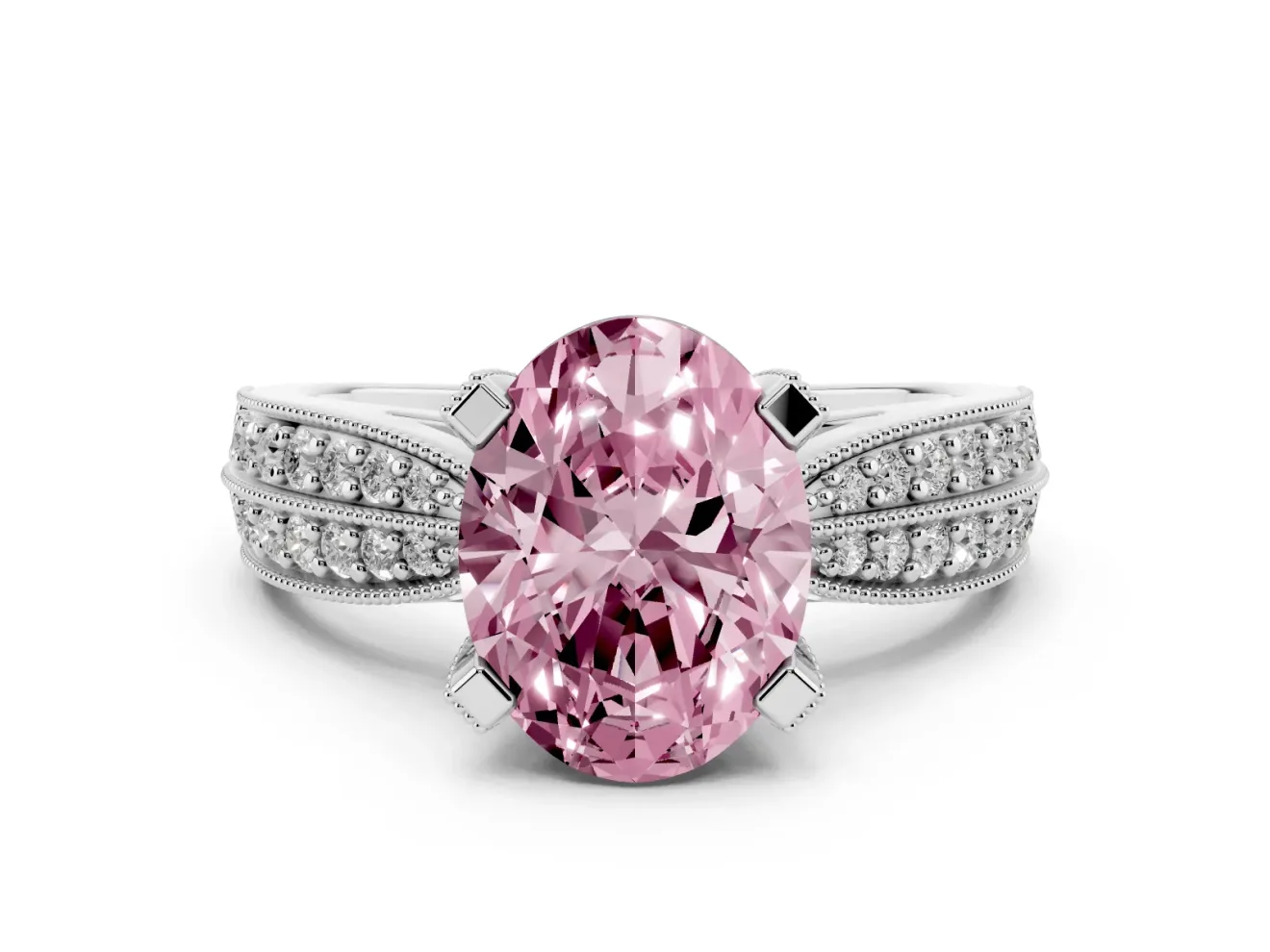 Fancy Pink Oval Cut Diamond Solitaire Ring Set in Silver with Milgrain Double Row Round Pavé Band