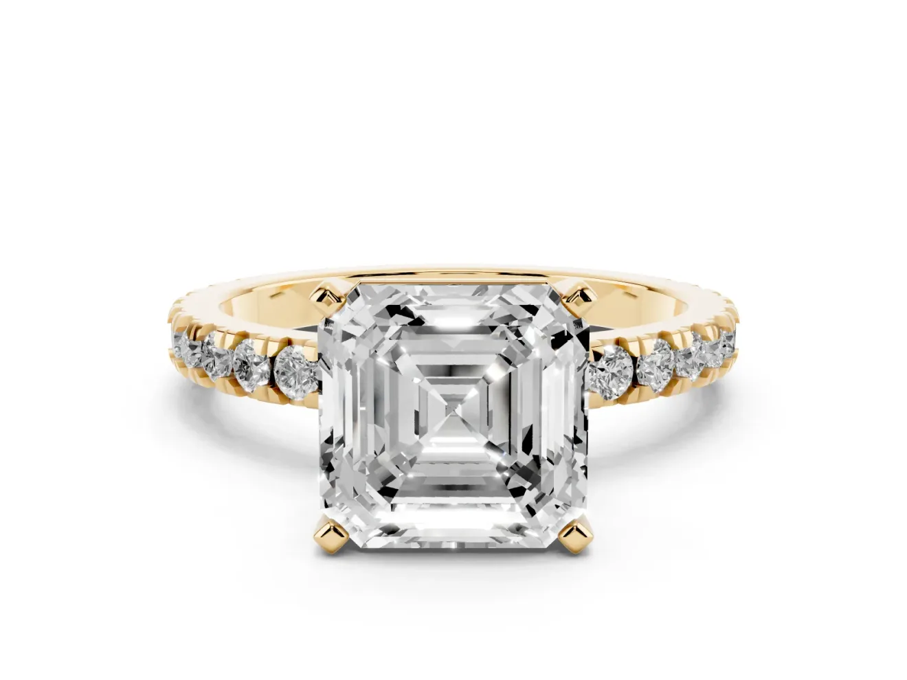 Asscher Cut Shared Prong Solitaire Engagement Ring Setting | Pavé Band | Yellow Gold