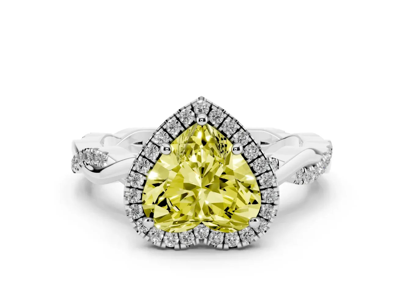 Fancy Yellow Heart Cut Diamond Halo Twisted Band Ring Set in Silver with Prong Setting