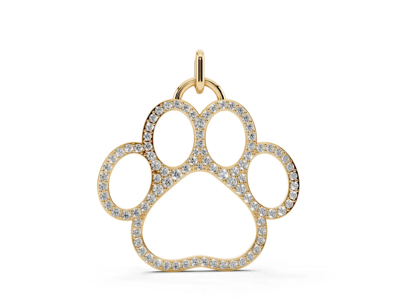 Round Lab-Grown Diamond Pavé Paw Print Pendant Necklace | Open Outline | Yellow Gold