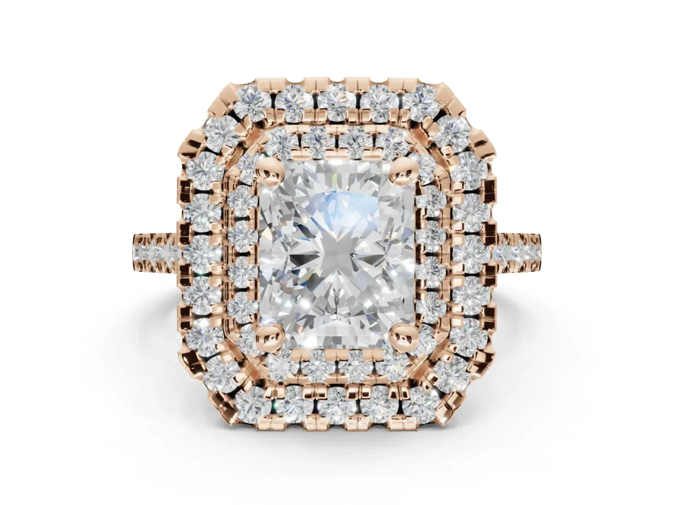 Radiant Cut Double Halo Engagement Ring Setting | Pave Shoulders | Rose Gold