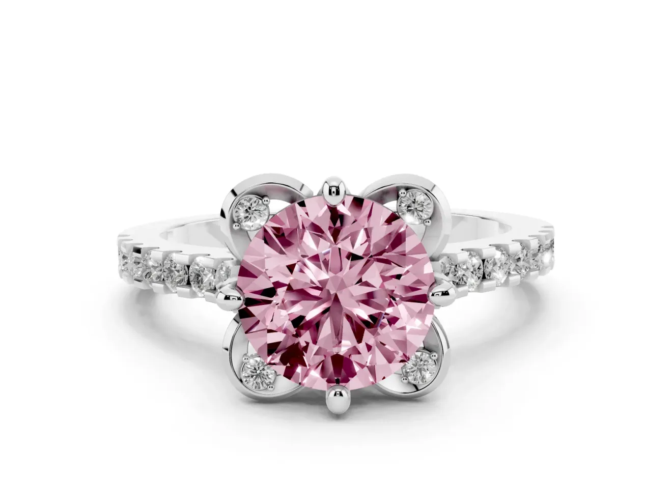Round Floral Engagement Ring Setting for a Fancy Pink Lab-Grown Diamond | Pavé Band | Platinum