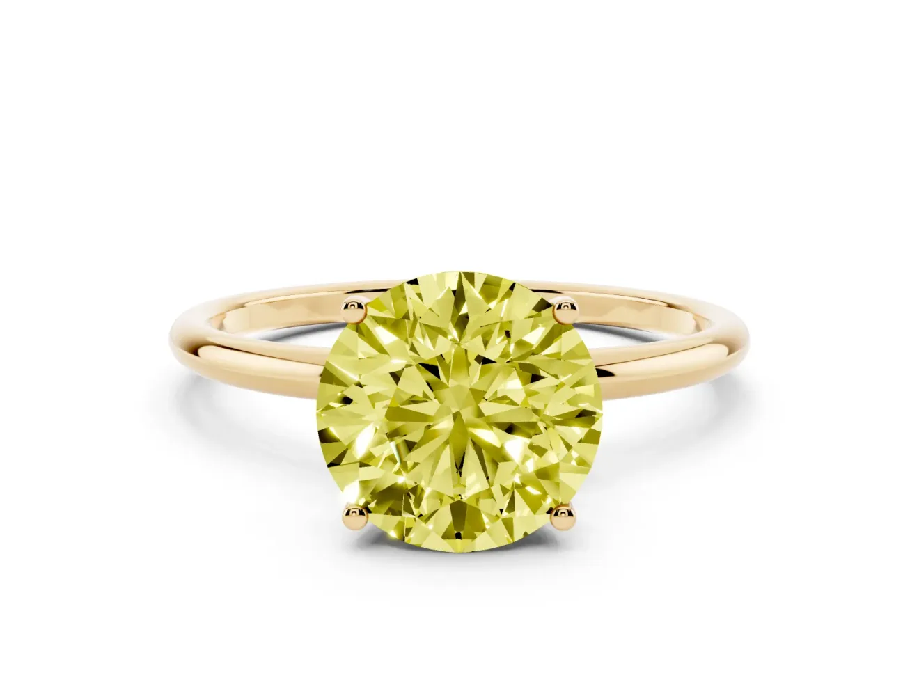 Fancy Yellow Round Cut Diamond Solitaire Engagement Ring Set in Yellow gold with Thin Band and Prong Setting